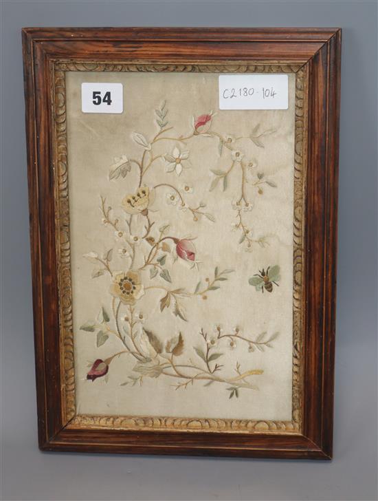 An early 19th century silkwork panel of flowers and a bee, framed